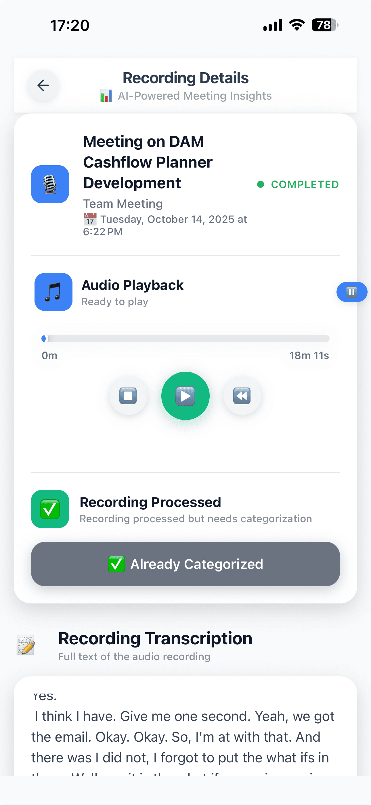 AI Meeting Summary Cards